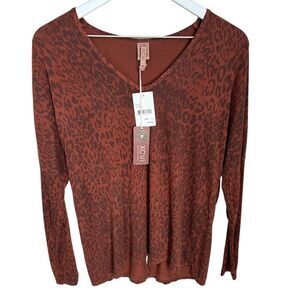 XCVI Top Womens XS Leopard Print V-Neck Long Sleeve Tee Brown Black Stretch NWT